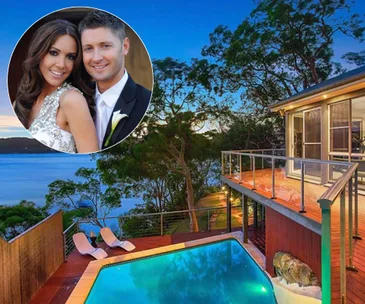 Luxurious Lilli Pilli mansion with pool and scenic view. Inset: Smiling couple in formal attire.