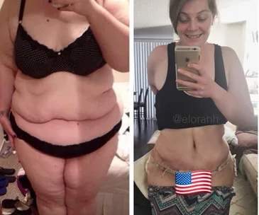 Two-photo comparison showing a woman's weight loss transformation, from a larger size to a smaller size.