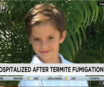 A young boy smiling, standing in front of greenery; headline about hospitalization after termite fumigation.