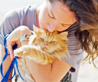 A woman hugging a fluffy orange cat, both looking serene in the sunlight.