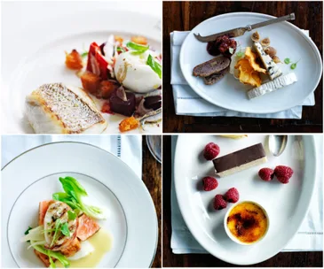 A collage of gourmet dishes including fish, cheese platter, meat with greens, and a dessert with raspberries and creme brulee.