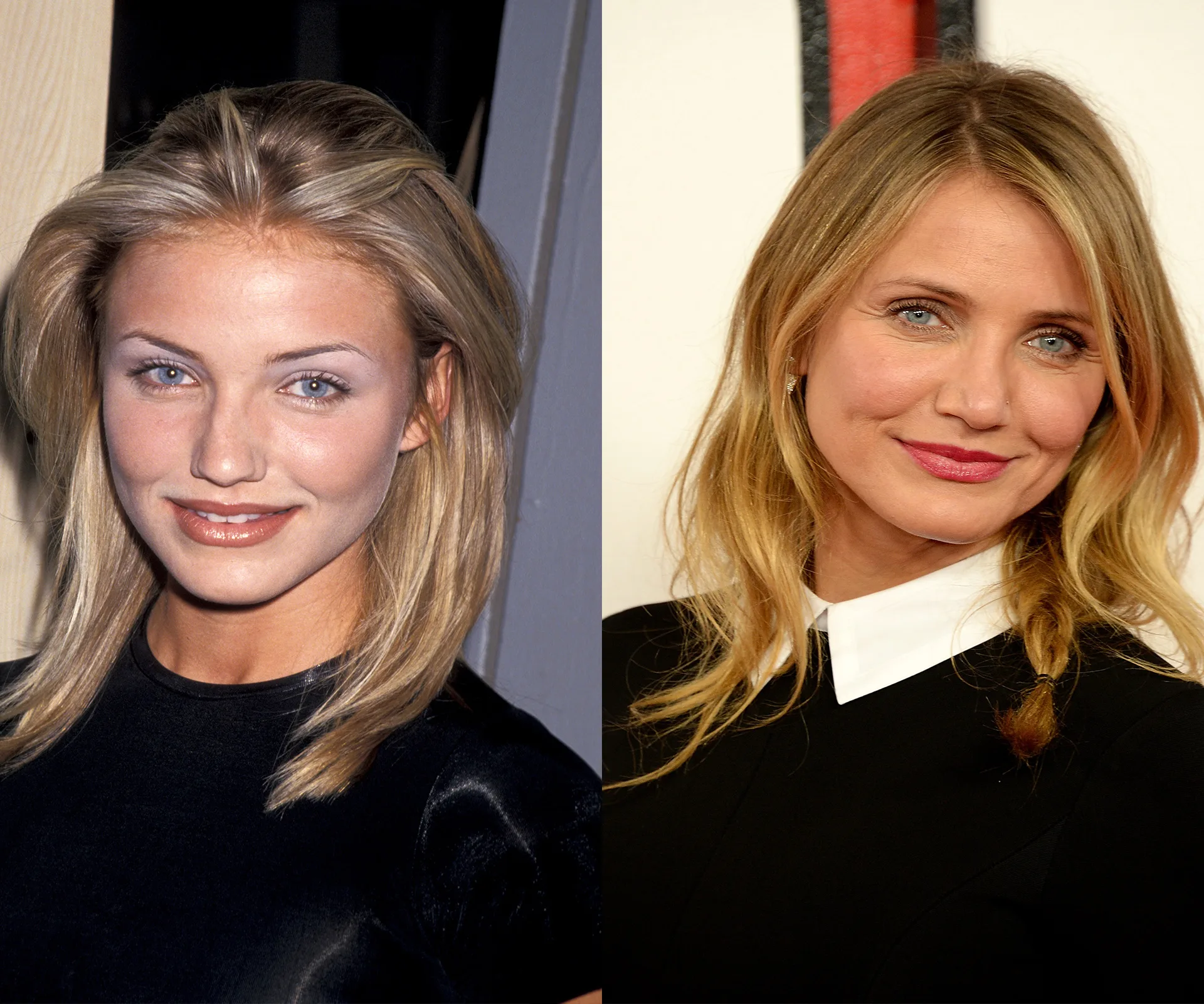 Two side-by-side images of a woman: on the left, younger with blonde hair; on the right, older, with a braid and black top.