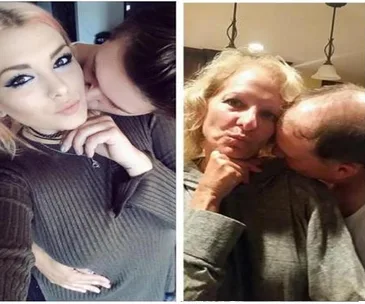 A daughter takes a selfie with her boyfriend, while on the right, parents humorously recreate the pose.