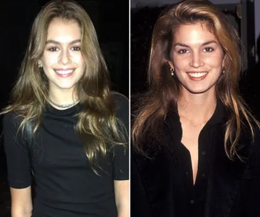 Young woman with long hair smiling on the left, older image of a similar looking woman on the right, both in dark outfits.
