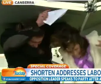 Two people laughing and covering themselves from the rain with papers during a live TV broadcast in Canberra.