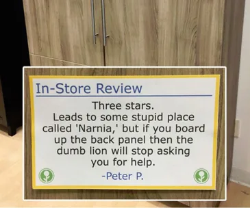 "In-store review of wardrobe humorously referencing Narnia with a three-star rating from Peter P."