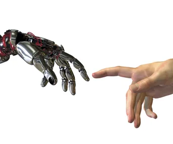 Robotic and human hands reaching toward each other, symbolizing human-technology connection.