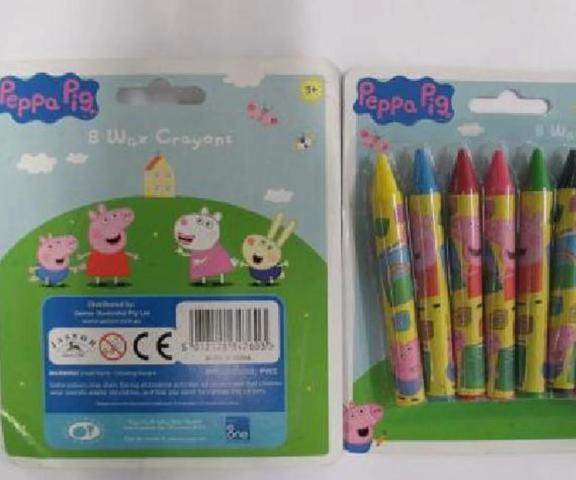 "Peppa Pig branded wax crayons package with cartoon characters and eight colorful crayons displayed."