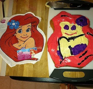 Failed homemade Ariel cake beside a professional Ariel cake design template.
