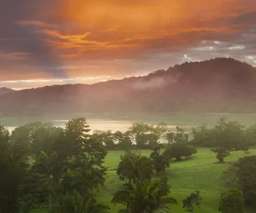 Sunset over lush Amazon rainforest with a river and misty hills in the background.