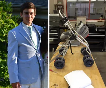 Young man in a suit on the left; a modified stroller on a workbench on the right.