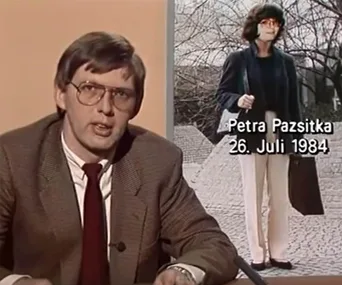 News anchor discusses missing person case of Petra Pazsitka with her photo and date overlayed on screen.