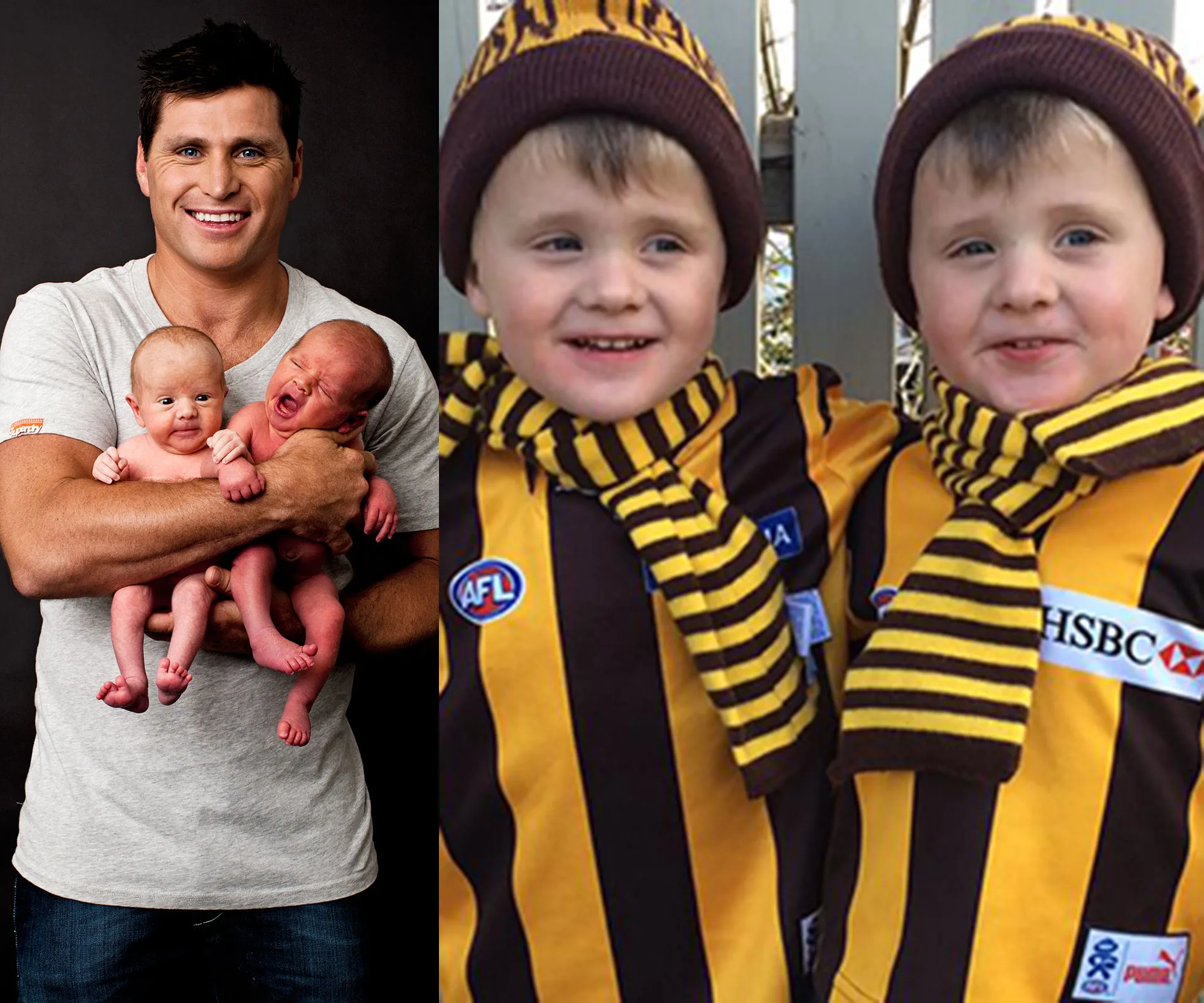 Person smiling holding two newborns; older twin boys in sports jerseys and team scarves.