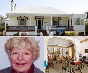 "Historic house with sale sign, portrait of elderly woman, and ornate interior with vintage furniture."