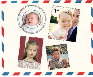 Stamps featuring children and a baby on an envelope with an air mail border.