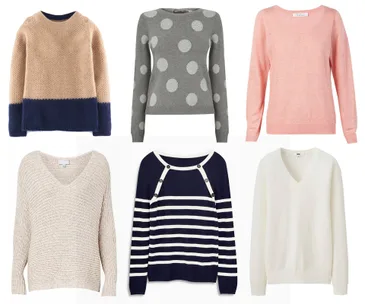 A collection of six spring sweaters, featuring various colors and patterns, including stripes, polka dots, and solids.