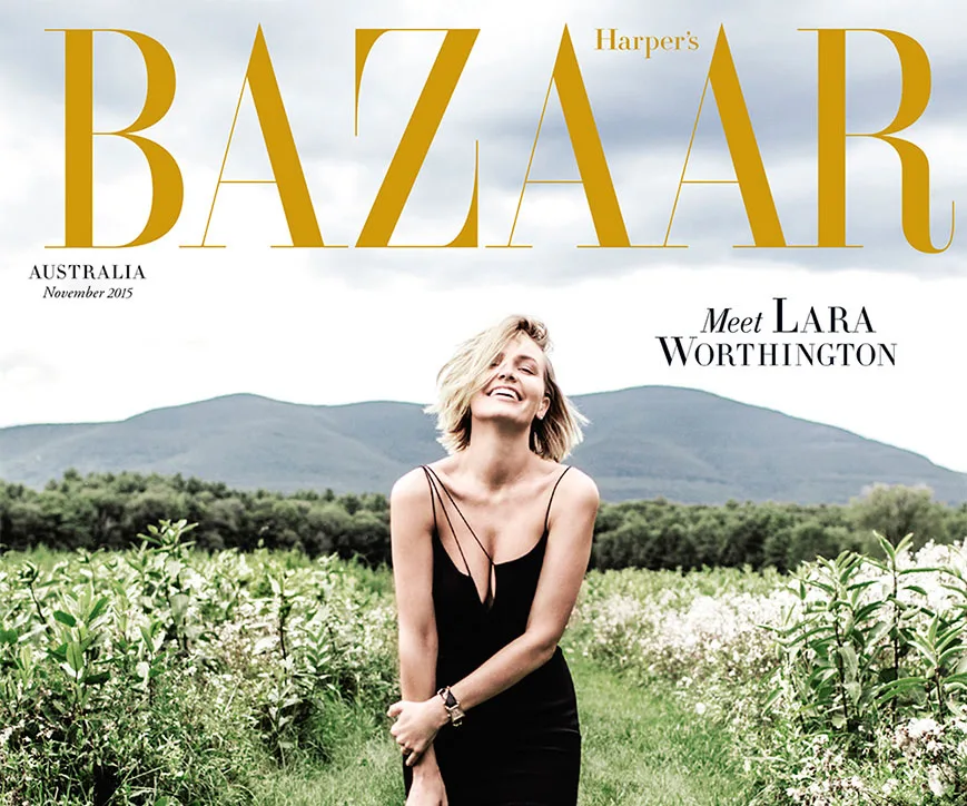 Cover of Harper's Bazaar Australia, November 2015, featuring Lara Worthington in a black dress, smiling outdoors.