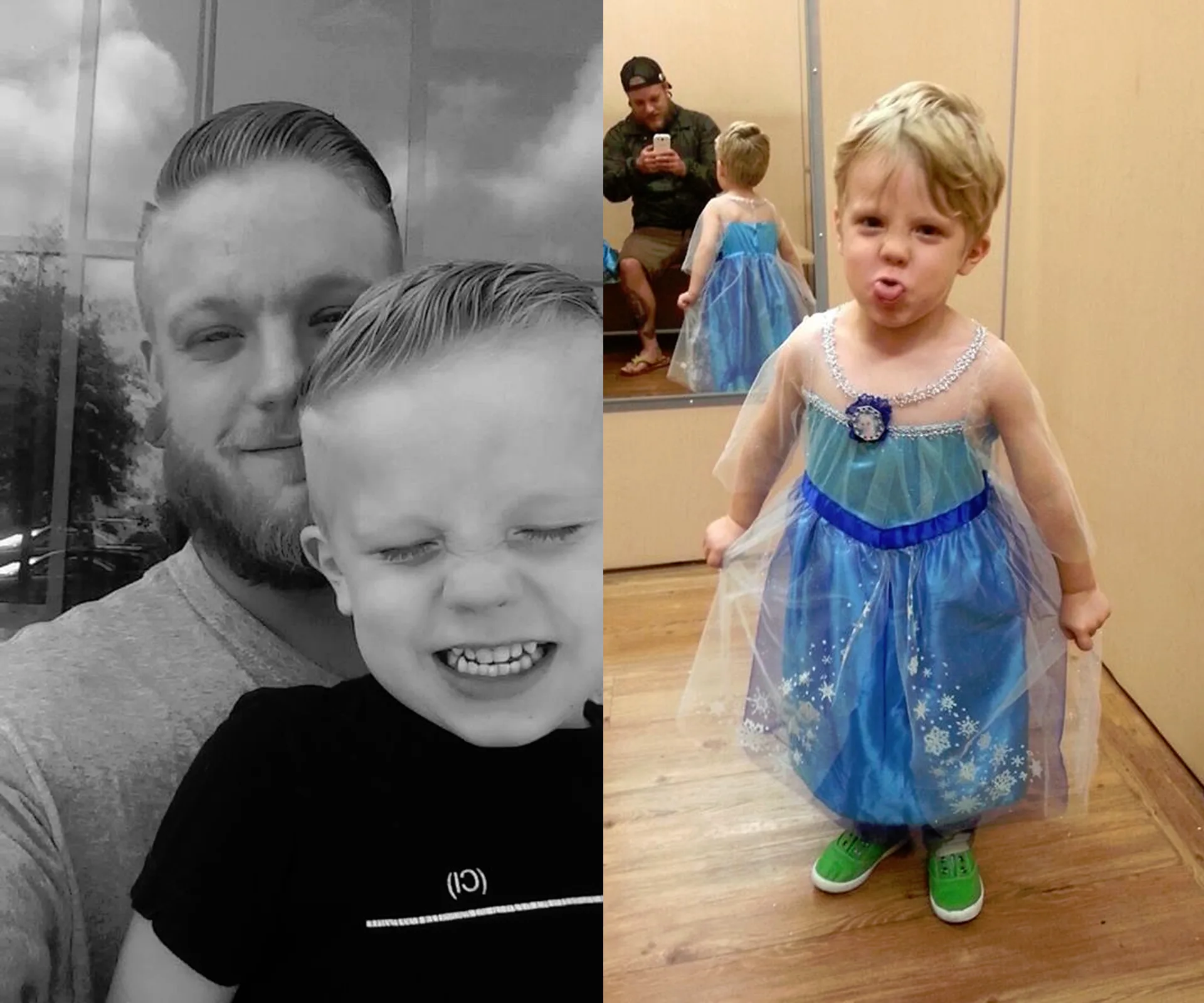A father and son smile in a selfie; the son wears an Elsa costume from Disney's Frozen, posing confidently.