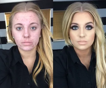 "Side by side of a woman showing her face without makeup on the left and with makeup on the right."