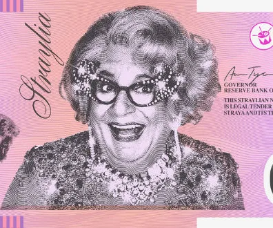 A redesigned banknote featuring a cheerful individual with glasses and styled hair, adorned with jewelry, labeled "Straylia."