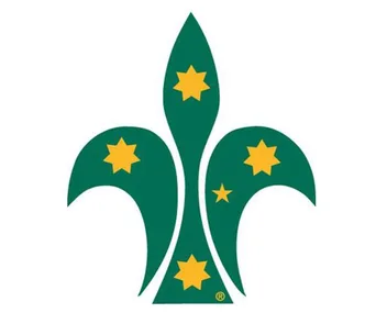 Green fleur-de-lis with yellow stars, symbol of Scouts Australia.