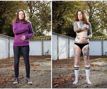 "Two images of a woman, first in purple jacket and jeans, second showing full-body tattoos outdoors near garages."