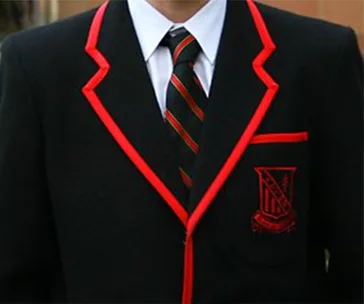 A person wearing a dark blazer with red trim and emblem, paired with a striped tie and white shirt.