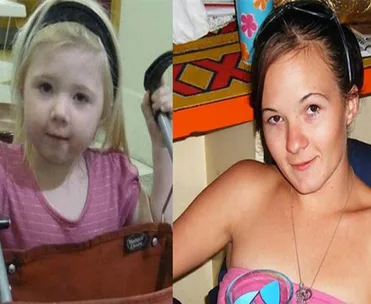 Two side-by-side photos showing a young girl and a woman both smiling.