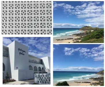 Collage of Halcyon House hotel facade, patterned wall, and nearby beach with blue sky and ocean views.