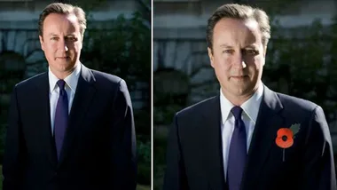 A man in a suit, two similar portraits side by side; one with a red poppy pin on the lapel, one without.