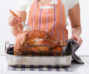 Person basting a roasted turkey in a pan on a table.