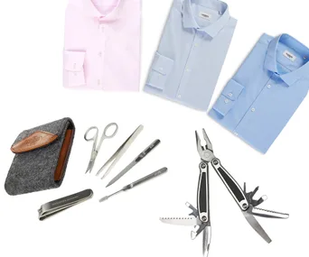 Men's gift set includes three dress shirts, a manicure kit in a grey pouch, and a multifunctional tool.