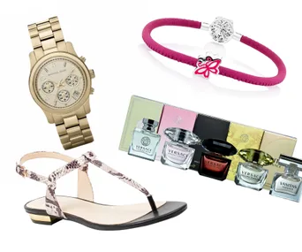 Gold watch, pink bracelet, snakeskin sandal, and Versace perfume set displayed on a white background.