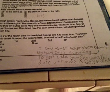 Child's humorous test answer, explaining refusal to answer due to "girl code" about not dating a friend's ex-boyfriend.
