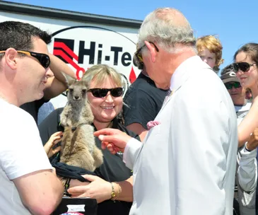 Prince Charles meets people holding a kangaroo in Albany, surrounded by a crowd on a sunny day.