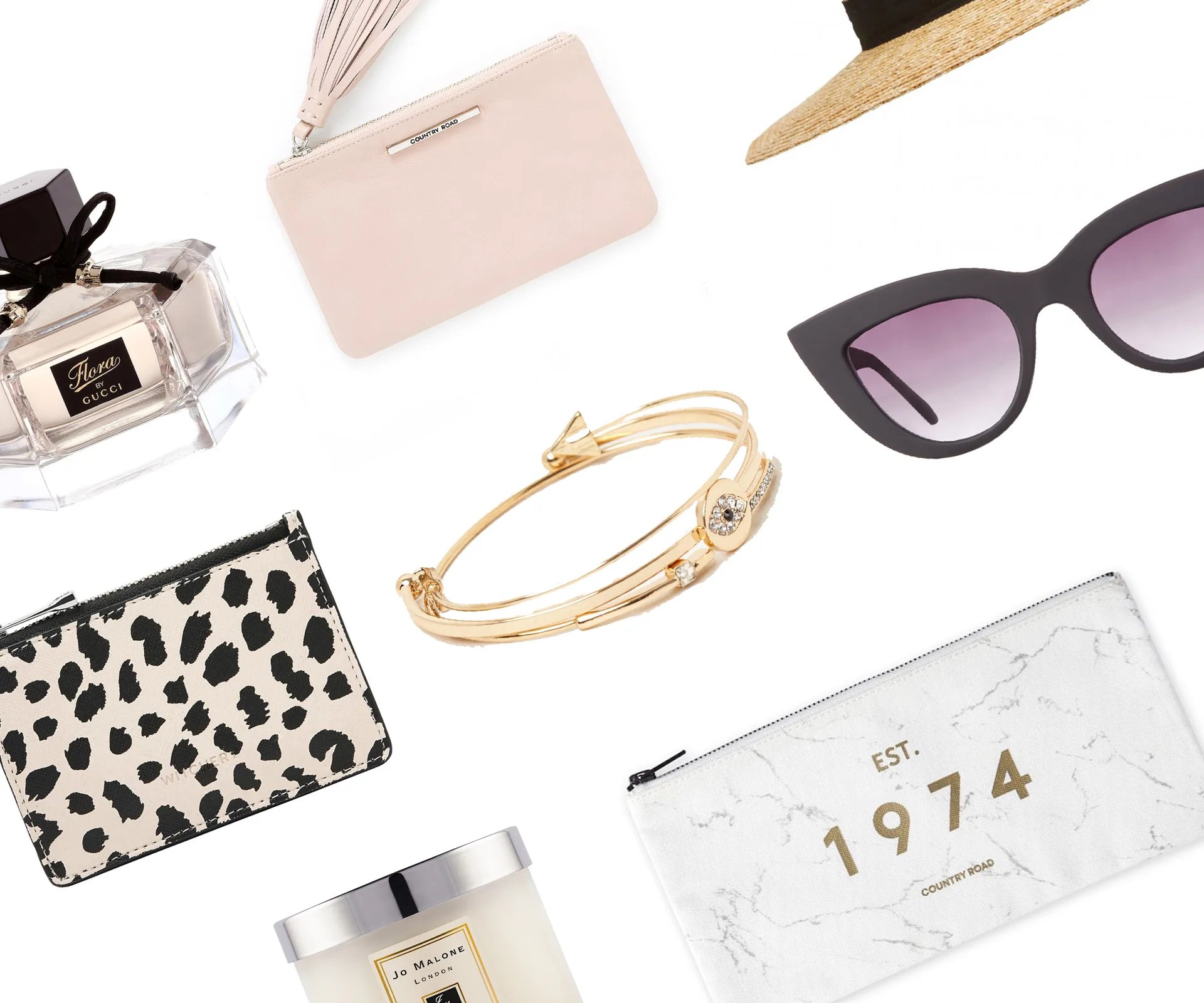 Fashionable Christmas gifts including perfume, clutch, sunglasses, bangle, wallet, hat, and candle on a white background.