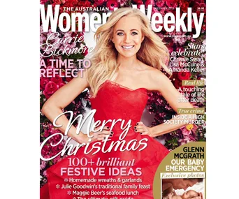 Cover of The Australian Women's Weekly December issue featuring a woman in a red dress, surrounded by festive text.