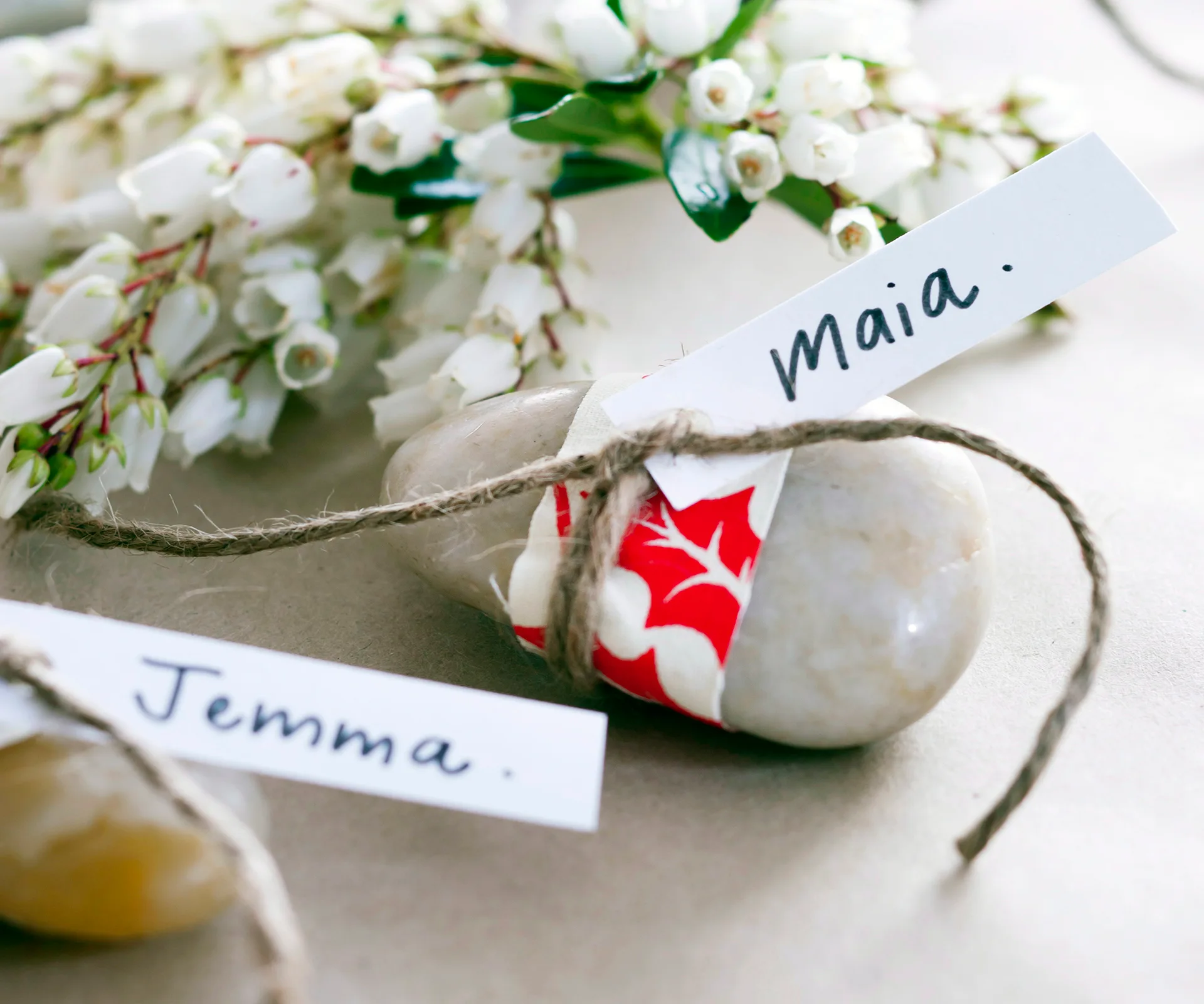 Stone place settings with names "Maia" and "Jemma" on cards, tied with twine, with white flowers in the background.