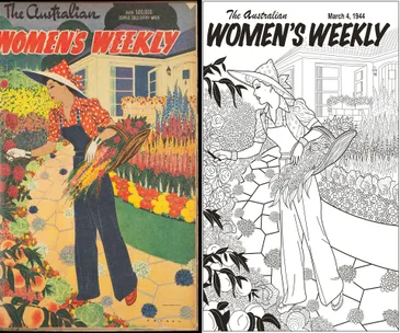 "1944 Australian Women’s Weekly cover shows woman in garden with flowers and basket; a black and white coloring version beside it."
