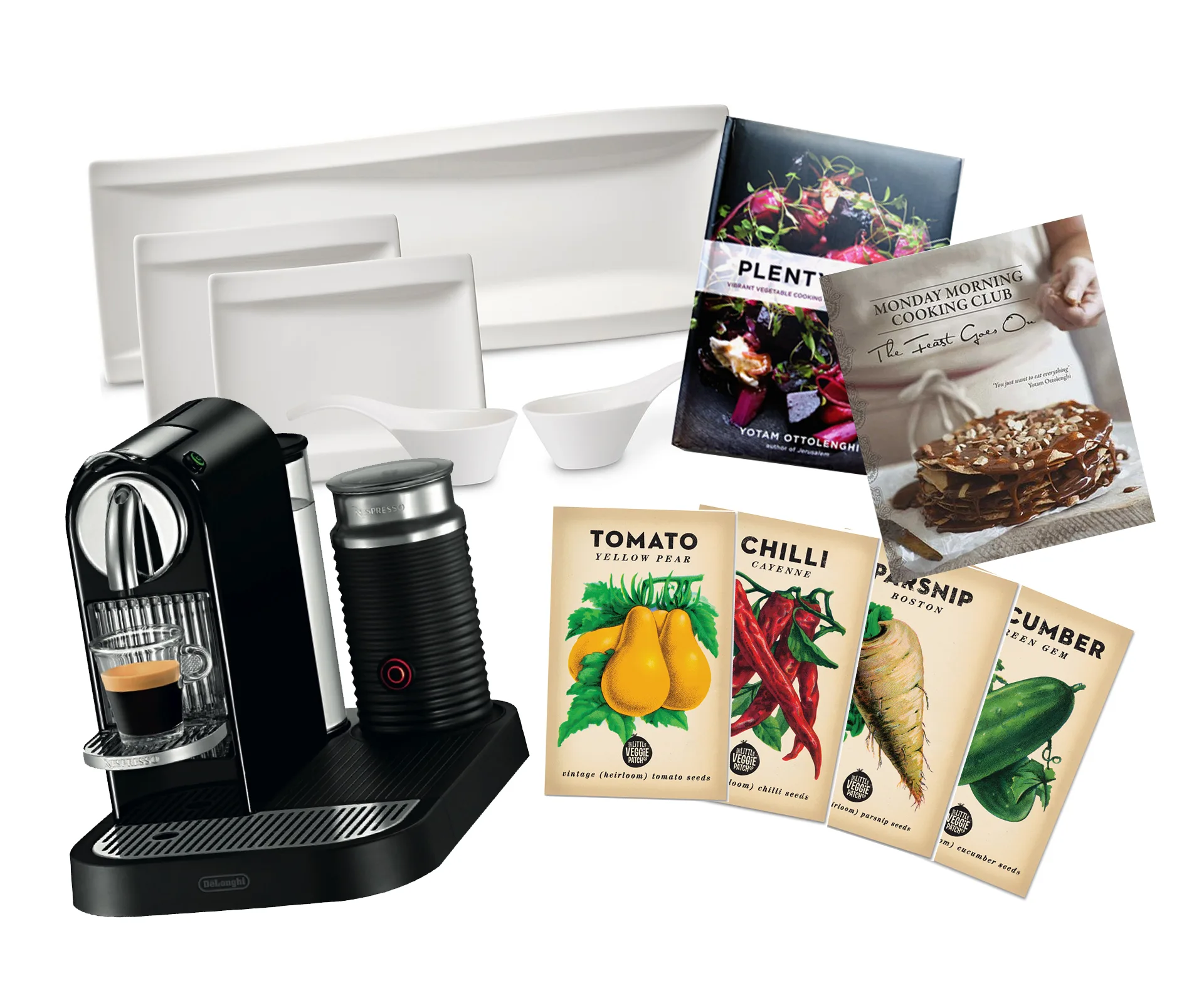 Foodie gift set with espresso machine, cookbooks, white cookware, and seed packets for tomatoes, chili, parsnip, cucumber.