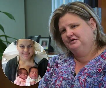 Woman speaking in interview; inset shows a young woman holding twin babies.