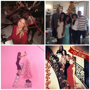 "Collage of people celebrating Christmas with reindeer, family by a tree, decorating a pink tree, and posing on stairs."