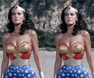 Wonder Woman stands outdoors in her iconic costume with a determined expression.