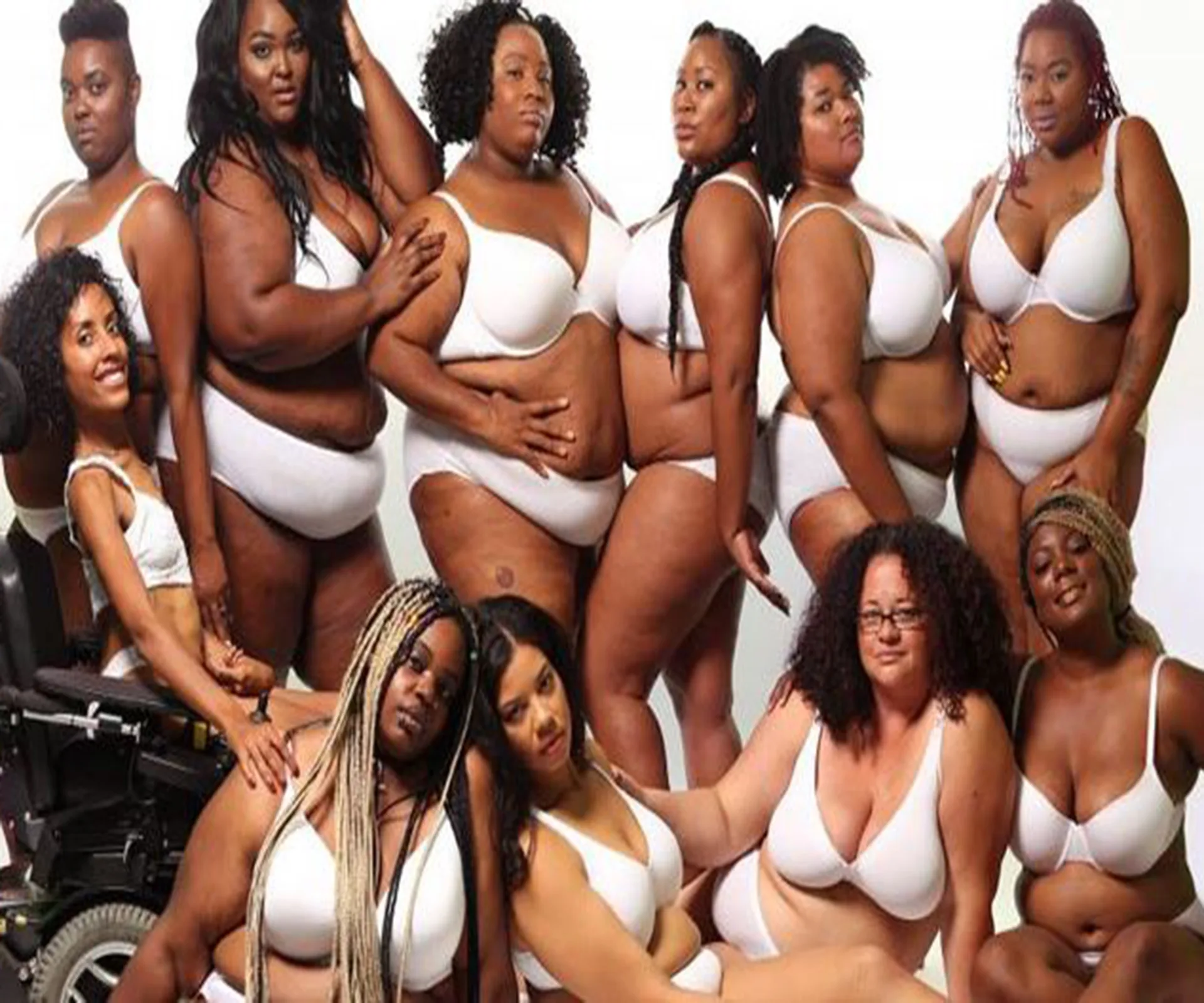 Diverse group of women in white underwear, celebrating body diversity and inclusivity.