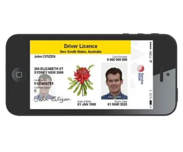 Digital representation of a New South Wales driver licence on a smartphone with user details and photo visible.