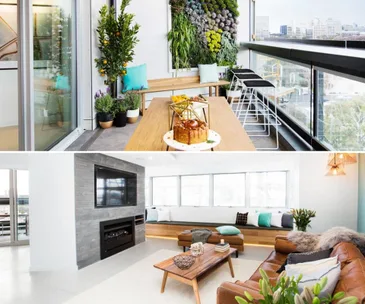 Stylish modern apartment with a balcony garden, seating, and a bright living room with leather sofas and a large TV.