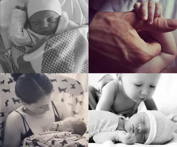 Collage of cute baby moments: newborn sleeping, tiny hand holding a finger, mom cradling baby, and sibling watching newborn.