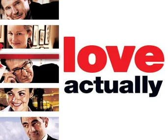 Poster for "Love Actually" featuring a montage of characters' faces and the film's title in bold red and black text.