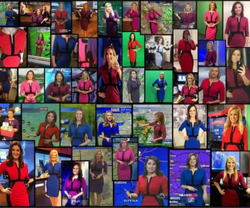 Collage of female TV presenters wearing similar dresses in various colors, highlighting a common fashion trend.