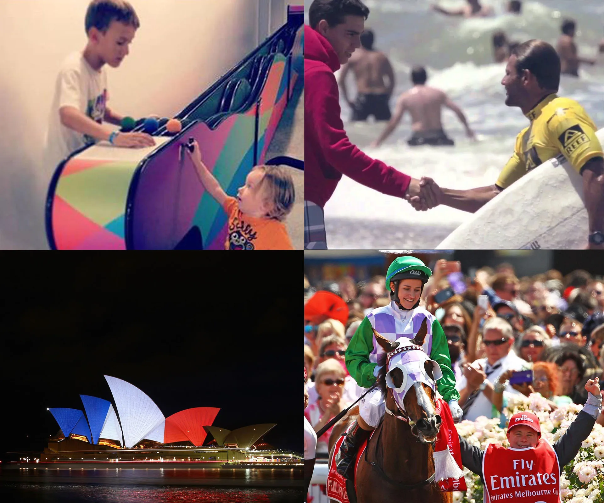Children playing with colorful harp, surfer handshake on beach, Sydney Opera House lit in French colors, jockey on horse.